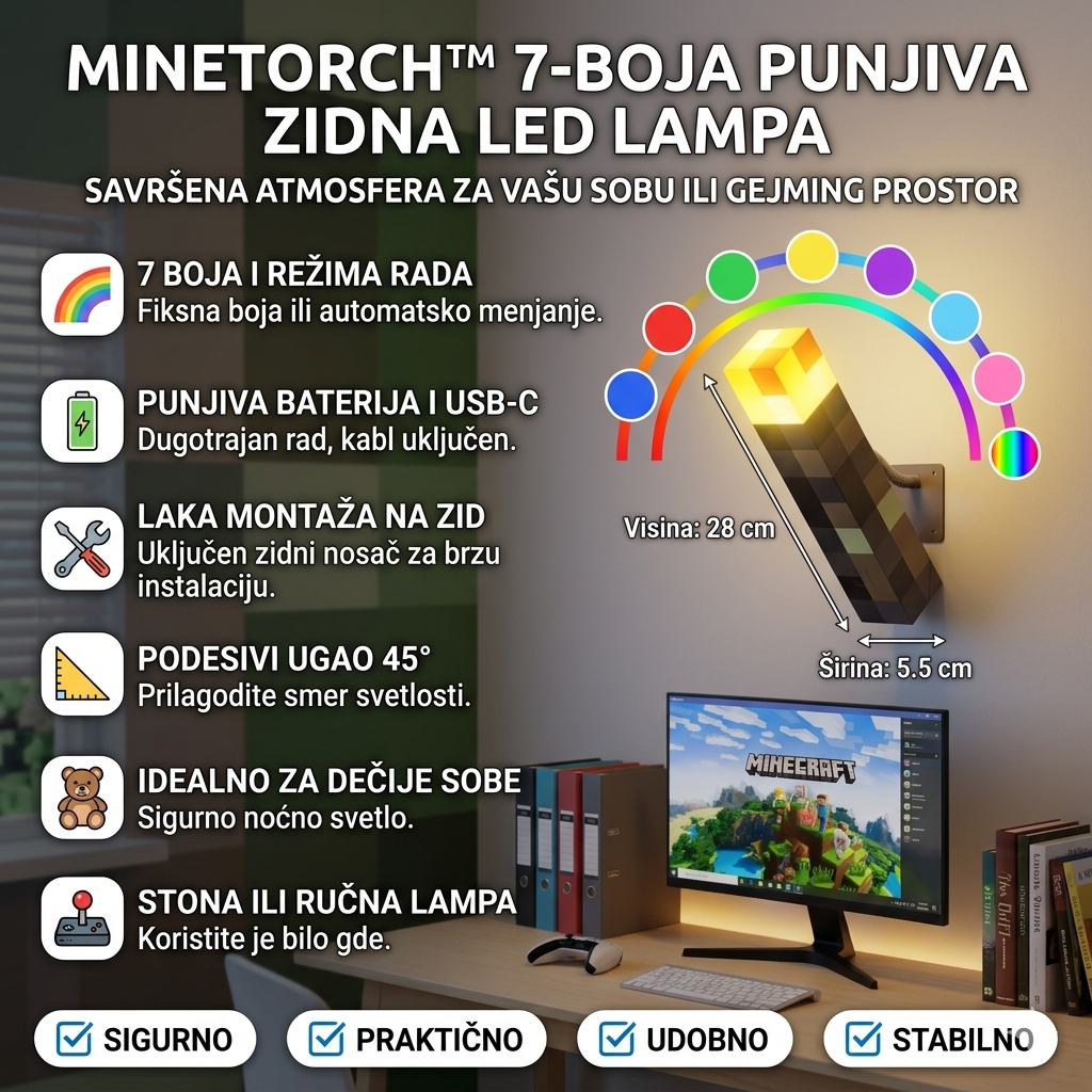 Twihlight Torch - Punjiva Lampa sa 7 Boja Za Zid