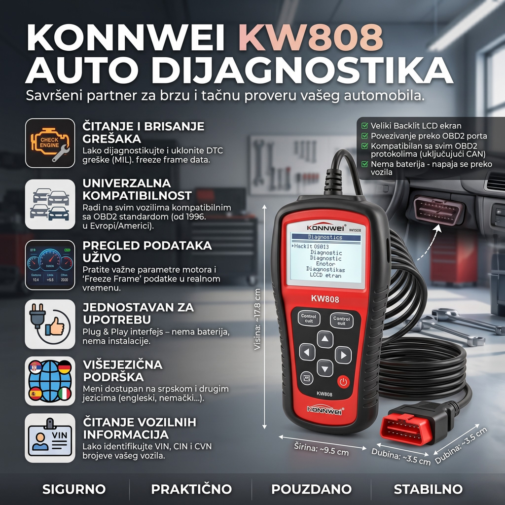 KW808 Auto Dijagnostika - Čitaj, Briši Isključi Greške Bez Majstora